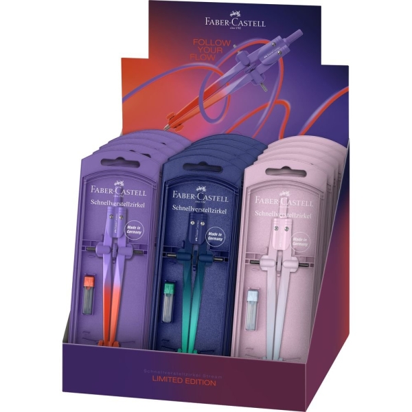 Faber-Castell Stream 2026 Flow Edition Expositor con 15 Compases Escolares de Ajuste Rapido - Circunferencias de hasta Ø 340mm - Incluye Bote de Minas - Diseño Atractivo con Degradado de Color - Colores Surtidos