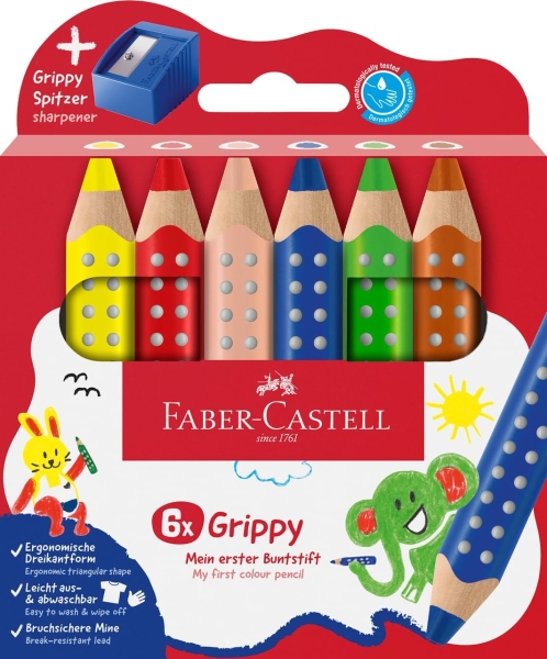 Faber-Castell Grippy Pack con 6 Lapices de Colores Gruesos Mina XXL Suave + Sacapuntas - Forma Triangular con Grip - Colores Surtidos
