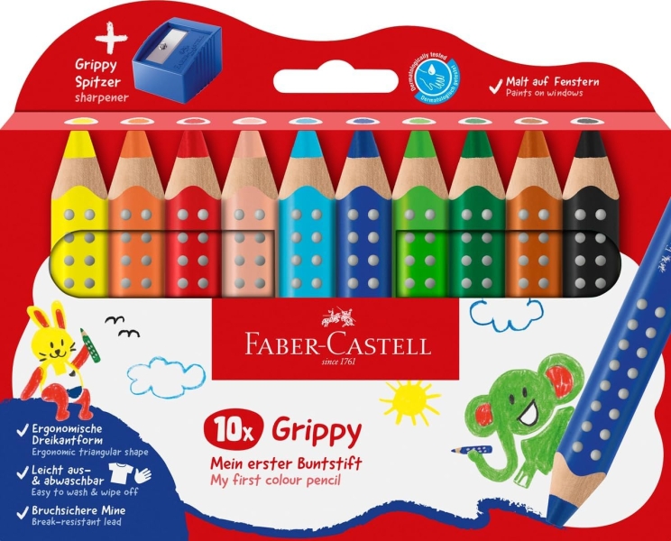 Faber-Castell Grippy Pack con 10 Lapices de Colores Gruesos Mina XXL Suave + Sacapuntas - Forma Triangular con Grip - Colores Surtidos