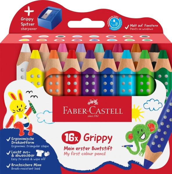 Faber-Castell Grippy Pack con 16 Lapices de Colores Gruesos Mina XXL Suave + Sacapuntas - Forma Triangular con Grip - Colores Surtidos