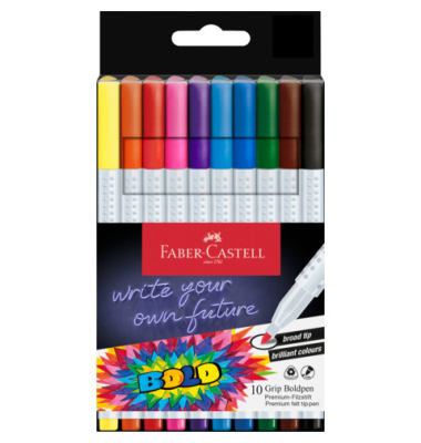 Faber-Castell Bold Pack con 10 Rotuladores de Colores con Grip - Punta Ancha - Trazo 1mm - Tinta a Base de Colorantes Alimentarios - Colores Surtidos