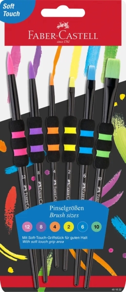 Faber-Castell Pack de 6 Pinceles Sinteticos de Diferentes Tamaños y Colores - Agarre Soft Touch - Color del Cuerpo Negro