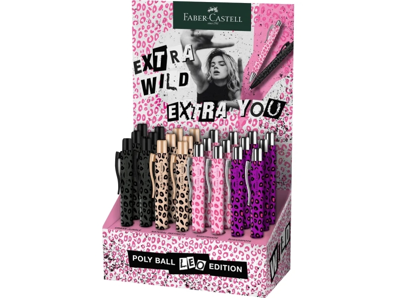 Faber-Castell Poly Ball Leo Edition 2026 Expositor con 24 Boligrafos Retractiles XB - Forma Triangular Ergonomica - Suave al Tacto - Diseños Surtidos