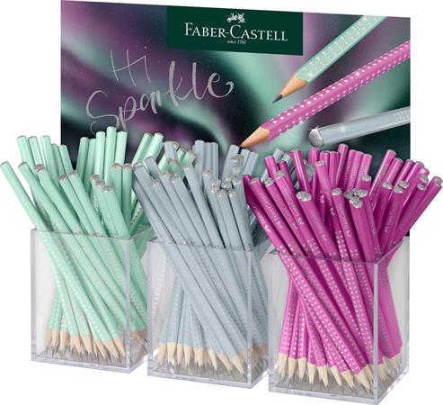 Faber-Castell Sparkle Aurora Expositor con 144 Lapices Triangulares de Grafito B - Mina Resistente a la Rotura - Con Cabelilla Plateada - Colores del Cuerpo Fucsia, Azul Helado y Verde Menta