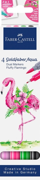 Faber-Castell Tropical Escapes Pack con 4 Rotuladores Goldfaber Doble Punta - Punta Pincel y Punta Fina 0.6mm- Solubles en Agua, Inodoros, Sin Acido y con PH Neutro - Colores Surtidos