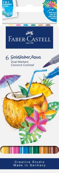 Faber-Castell Tropical Escapes Pack con 6 Rotuladores Goldfaber Doble Punta - Punta Pincel y Punta Fina 0.6mm- Solubles en Agua, Inodoros, Sin Acido y con PH Neutro - Colores Surtidos