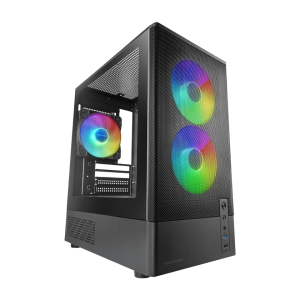 Mars Gaming MC-ONYX Minitorre Micro-ATX/Mini-ITX - 3 Ventiladores ARGB FDB de 120mm - Vidrio Templado - USB 3.0 - USB 2.0 - Audio - 4 Ranuras de Expansion - 34x20x39.5cm - Color Negro