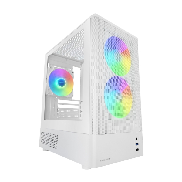 Mars Gaming MC-ONYX Minitorre Micro-ATX/Mini-ITX - 3 Ventiladores ARGB FDB de 120mm - Vidrio Templado - USB 3.0 - USB 2.0 - Audio - 4 Ranuras de Expansion - 34x20x39.5cm - Color Blanco