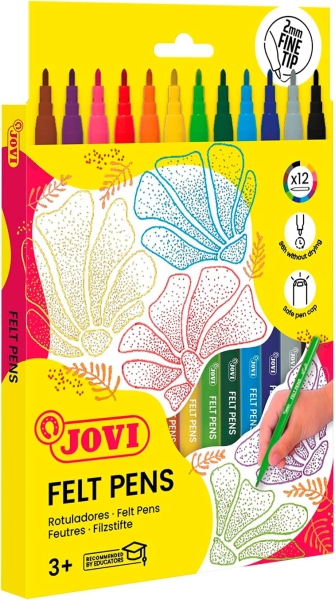 Jovi Felt Pens Estuche de 12 Rotuladores - Punta de 2mm - Amplia Variedad de Tonos - Tinta de Gran Fijacion - Capuchon de Seguridad Ventilado - Colores Surtidos