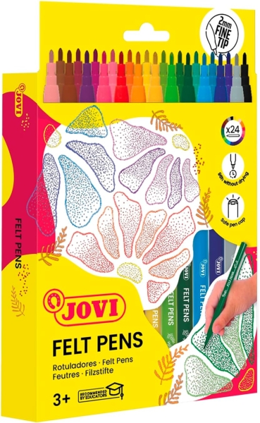 Jovi Felt Pens Estuche de 24 Rotuladores - Punta de 2mm - Amplia Variedad de Tonos - Tinta de Gran Fijacion - Capuchon de Seguridad Ventilado - Colores Surtidos