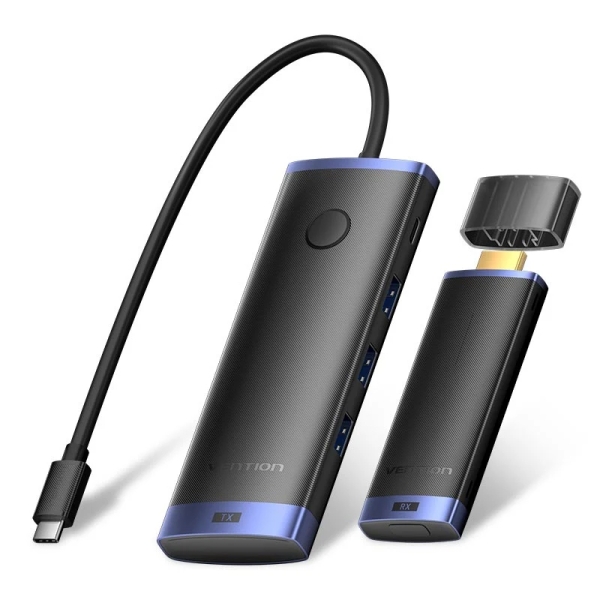 Vention Estacion de Docking 7 en 1 Inalambrica - HDMI 4K - 2xUSB-C - 3xUSB-A - Cable USB-C de 15cm Integrado - Alcance 50m - Power Delivery - Color Negro y Azul