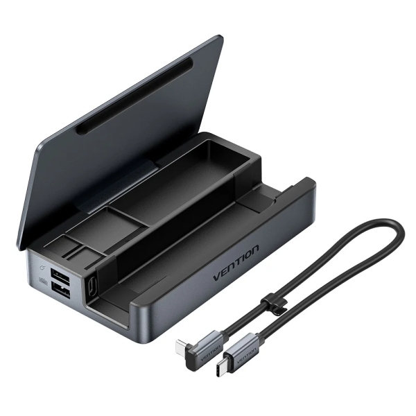 Vention Estacion de Docking 9 en 1 - Soporte Multidispositivo - Multiples Compartimentos - Ethernet RJ45 - Incluye Cable - HDMI 4K - 3xUSB-C - 3xUSB-A - Tarjeta TF - SD - Power Delivery - Color Gris