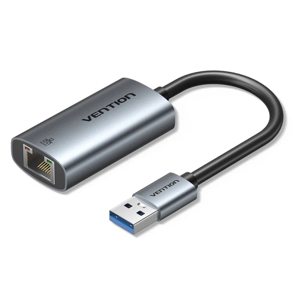 Vention Conversor USB a Ethernet - Cable de 15cm - Velocidad hasta 1Gbps - Carcasa de Aluminio y ABS - Color Gris