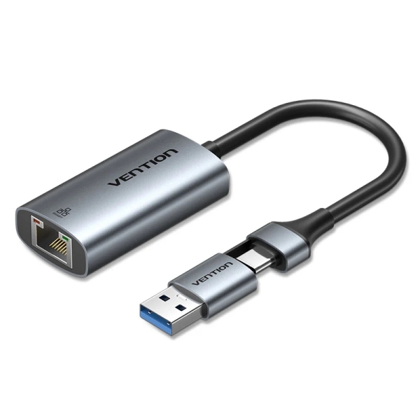 Vention Conversor USB-C a Ethernet - Adaptador USB-A - Cable de 15cm - Velocidad hasta 1Gbps - Carcasa de Aluminio y ABS - Color Gris