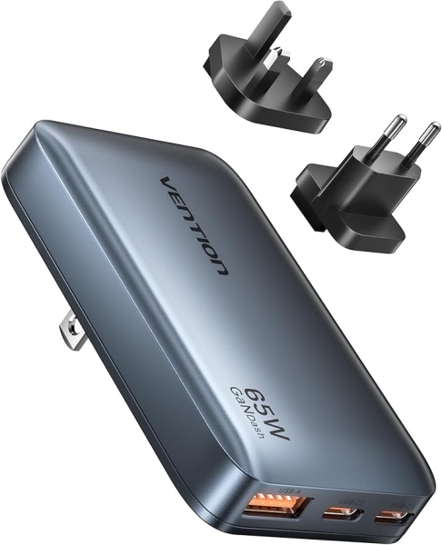 Vention Cargador de Pared - Ultra Slim - 65W - GaN - Enchufes EU y UK Intercambiables - 2xUSB-C - USB-A - Carga Rapida - Color Gris