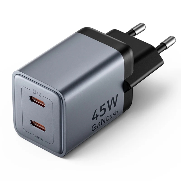 Vention Cargador de Pared - 45W - GaN - 2xUSB-C - Power Delivery 3.0 - Qualcomm 3.0 - Carga Rapida - Color Gris