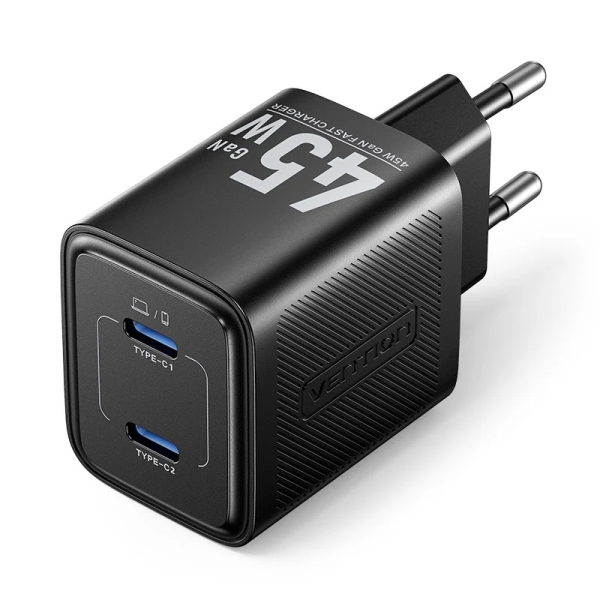 Vention Cargador de Pared - 45W - GaN - 2xUSB-C - Power Delivery 3.0 - Qualcomm 3.0 - Carga Rapida - Color Negro