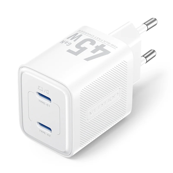 Vention Cargador de Pared - 45W - GaN - 2xUSB-C - Power Delivery 3.0 - Qualcomm 3.0 - Color Blanco