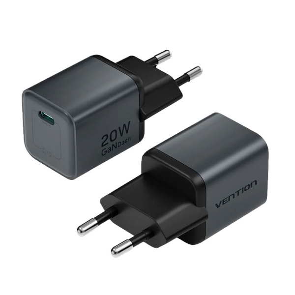 Vention Cargador de Pared - 20W - GaN - USB-C - Power Delivery 3.0 - Qualcomm 3.0 - Carga Rapida - Color Gris
