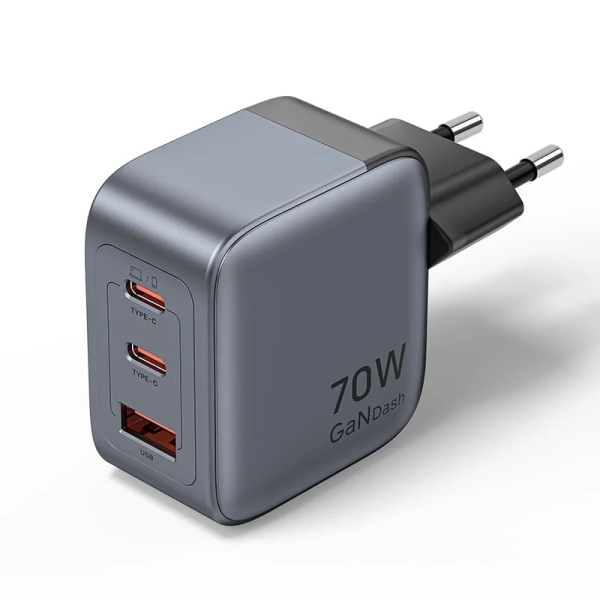 Vention Cargador de Pared - 70W - GaN - 2xUSB-C - USB-A - Carga Rapida - Tecnologia PPS - Color Gris