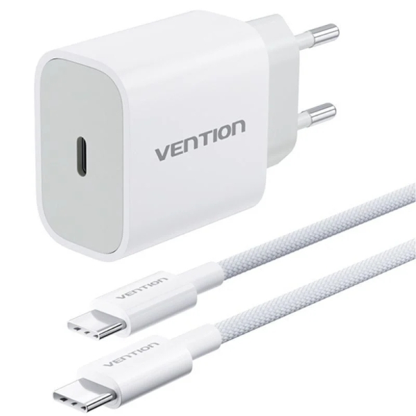 Vention Cargador de Pared - 20W - Cable de 1m Incluido - Chaqueta Trenzada de Algodon y TPE - USB-C - Carga Rapida - Color Blanco