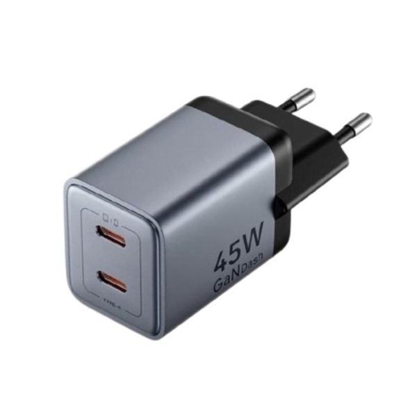 Vention Cargador de Pared - 45W - GaN - Cable de 1m Incluido - 2xUSB-C - Power Delivery 3.0 - Qualcomm 3.0 - Carga Rapida - Color Gris