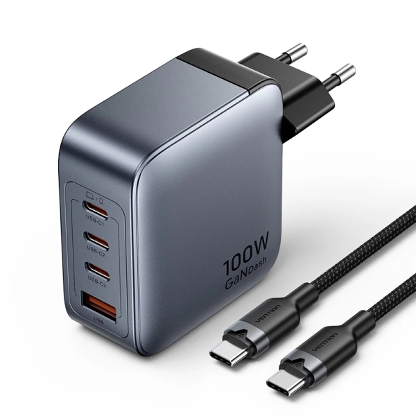 Vention Cargador de Pared - 100W - GaN - Cable de 1m Incluido - 3xUSB-C - USB-A - Carga Rapida - Color Gris
