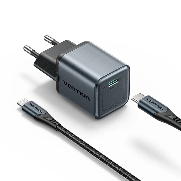 Vention Cargador de Pared - 20W - GaN - Cable USB a Lightning de 1m - USB-C - Power Delivery 3.0 - Qualcomm 3.0 - Carga Rapida - Color Gris