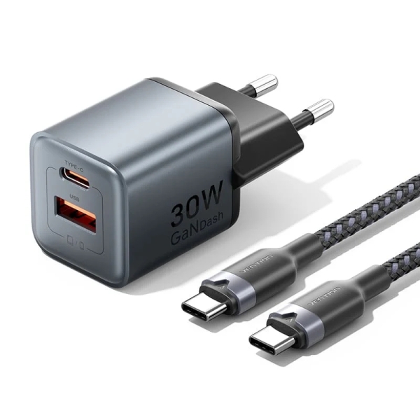 Vention Cargador de Pared - 30W - GaN - Cable de 1m Incluido - USB-C - USB-A - Power Delivery 3.0 - Qualcomm 3.0 - Carga Rapida - Color Gris