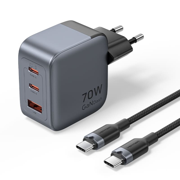 Vention Cargador de Pared - 70W - GaN - Cable de 1m Incluido - 2xUSB-C - USB-A - Carga Rapida PD - Tecnologia PPS - Color Gris