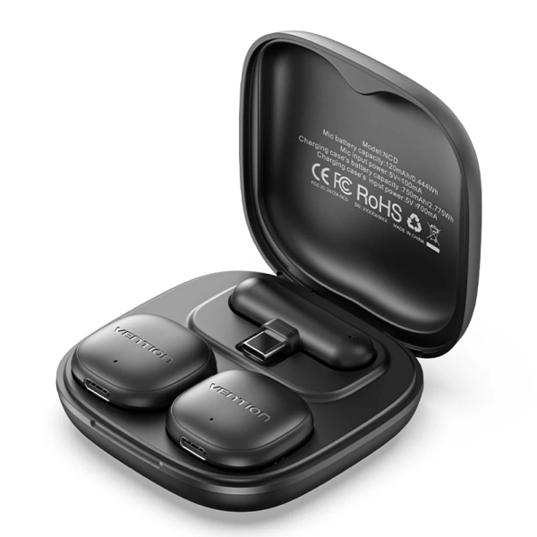 Vention Microfono de Solapa Inalambrico - Sujeccion Magnetica o Clip - 2 Transmisores - 1 Receptor - Cancelacion de Ruido por IA - Alcance hasta 50m - USB-C con Adaptador Lightning - Color Negro