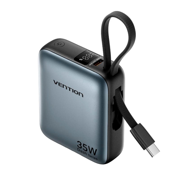Vention Mini Powerbank de 10000mAh - Potencia de Salida hasta 35W - Cable USB-C Integrado - Power Delivery - Tecnologia PPS - Color Gris