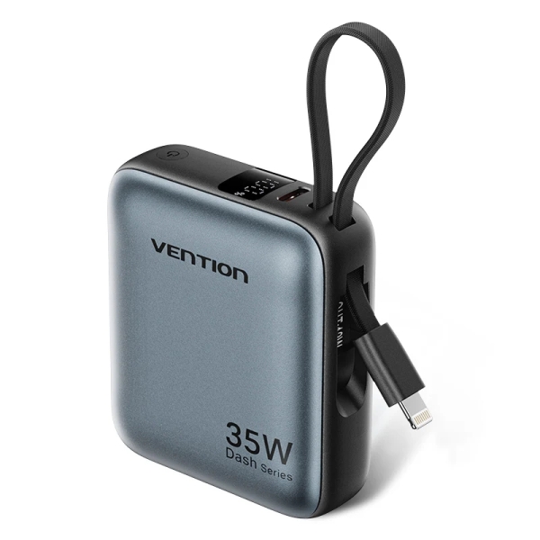 Vention Mini Powerbank de 10000mAh - Potencia de Salida hasta 35W - Cable USB-C y Lightning Integrado - Pantalla Digital - Color Gris