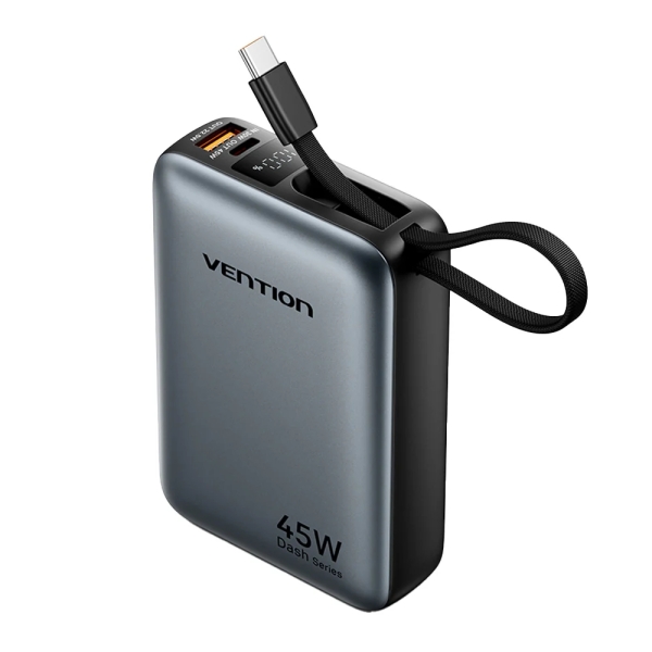 Vention Mini Powerbank de 20000mAh - Potencia de Salida hasta 45W - Cable USB-C Integrado - Power Delivery - USB-A - Tecnologia PPS - Color Gris