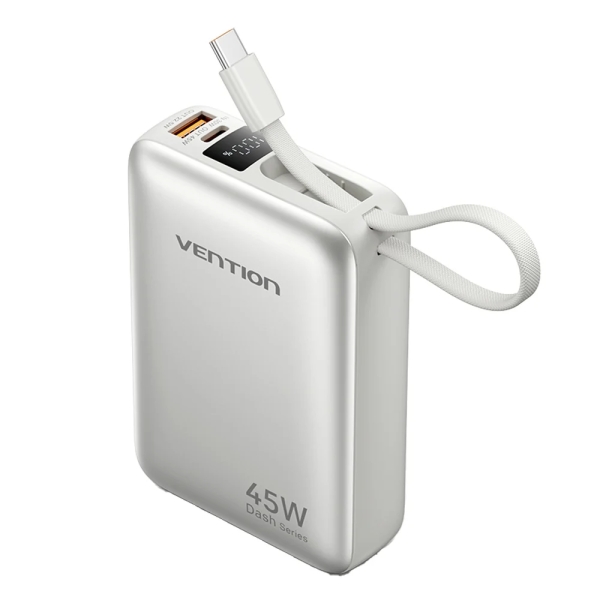 Vention Mini Powerbank de 20000mAh - Potencia de Salida hasta 45W - Cable USB-C Integrado - Power Delivery - USB-A - Color Gris