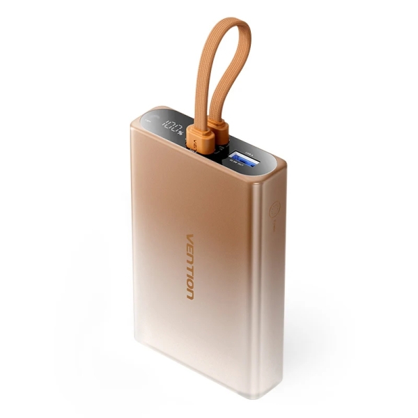 Vention Powerbank de 10000mAh - Potencia de Salida hasta 22.5W - USB-A - USB-C - Pantalla - Linterna LED Integrada - Apto para Viajes Aereos - 108x68x22mm - Color Dorado