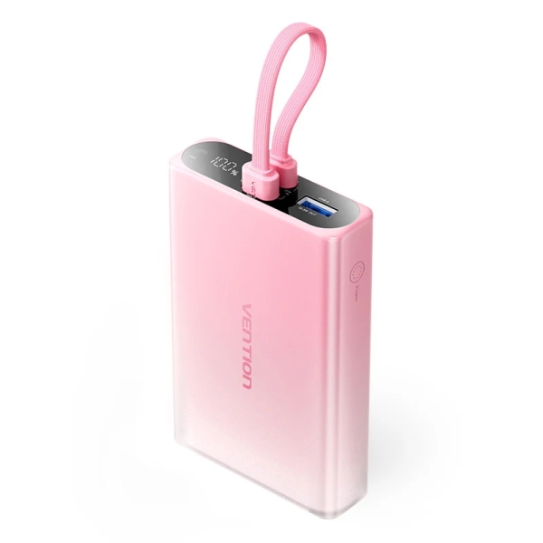 Vention Powerbank de 10000mAh - Potencia de Salida hasta 22.5W - USB-A - USB-C - Pantalla - Linterna LED Integrada - Apto para Viajes Aereos - 108x68x22mm - Color Rosa