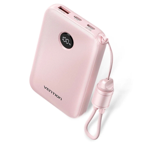 Vention Powerbank de 10000mAh - Potencia de Salida hasta 22.5W - USB-A - USB-C - Pantalla LED - Cable USB-C de 17cm - Apto para Viajes Aereos - Color Rosa
