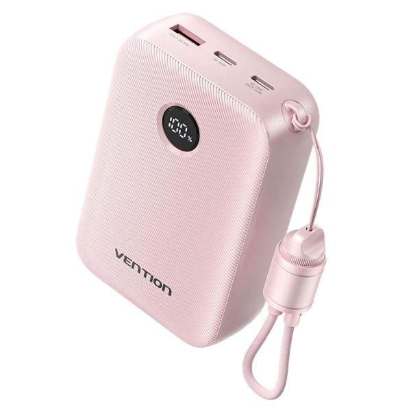 Vention Powerbank de 20000mAh - Potencia de Salida hasta 22.5W - USB-A - USB-C - Pantalla LED - Cable USB-C de 17cm - Apto para Viajes Aereos - Color Rosa