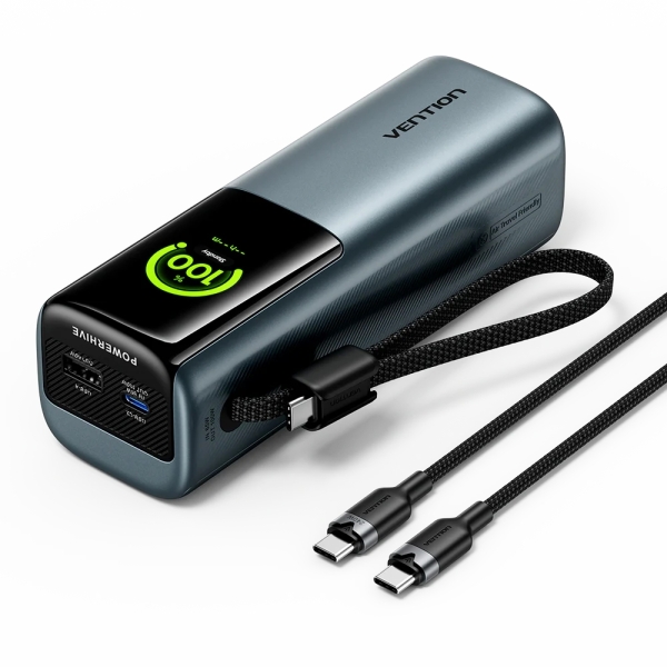 Vention Powerbank de 20000mAh - Potencia de Salida hasta 165W - Cable USB-C Integrado - Power Delivery - USB-A - USB-C - Pantalla TFT - Tecnologia PPS y UFCS - Color Gris