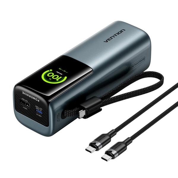 Vention Powerbank de 27000mAh - Potencia de Salida hasta 200W - Cable USB-C Integrado - Power Delivery - USB-A - USB-C - Pantalla TFT - Apto para Viajes Aereos - Tecnologia PPS y UFCS - Color Gris