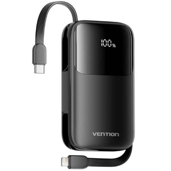 Vention Powerbank de 10000mAh - Potencia de Salida hasta 22.5W - Cable USB-C y Lightning Integrado - USB-A - Pantalla LED - Color Negro