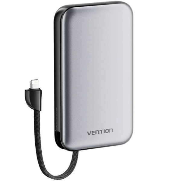 Vention Powerbank de 10000mAh - Potencia de Salida hasta 20W - Cable Lightning Integrado - USB-A - USB-C - Color Gris