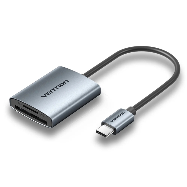 Vention Lector de Tarjetas TF y SD - Cable USB-C 3.0 de 15cm - Aluminio - Color Gris