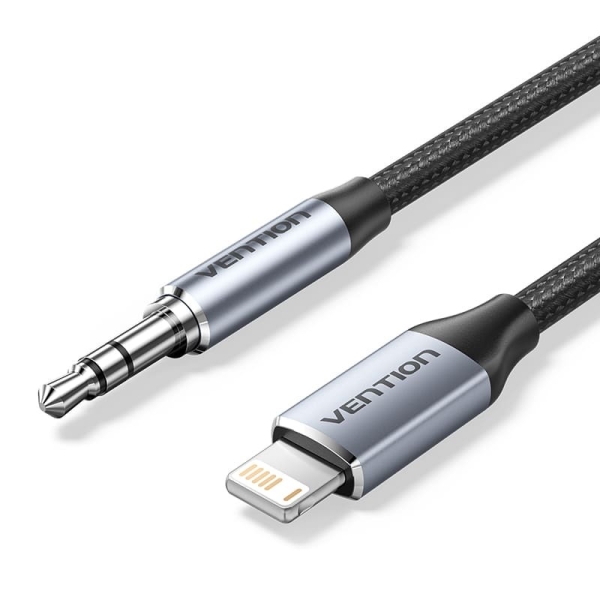 Vention Cable de Audio - Longitud 1.5m - Jack 3.5mm - Lightning - Chaqueta Trenzada de Algodon y TPE - Carcasa de Aluminio - 30 AWG - Color Gris