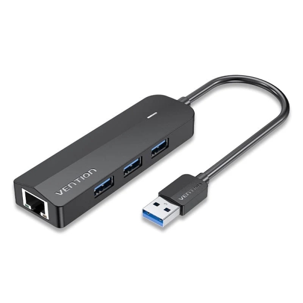 Vention Hub USB 4 en 1 - 3xUSB-A - Ethernet RJ45 - Cable USB-A de 15cm - Indicador LED - Velocidad hasta 5Gbps - Color Negro
