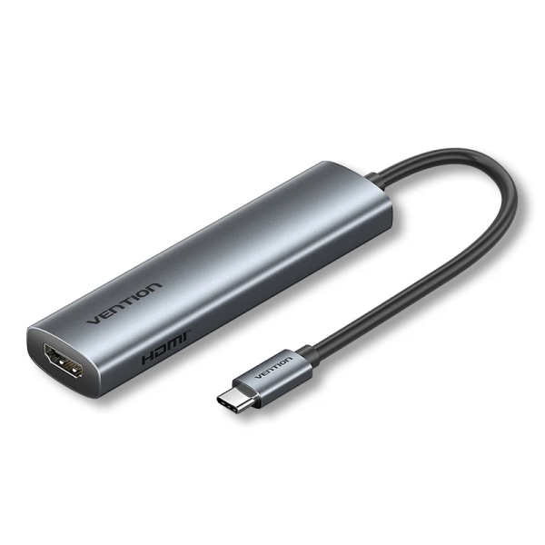 Vention Estacion de Docking 4 en 1 - 100W - Cable USB-C de 15cm Integrado - HDMI 4K - USB-C - 2xUSB-A - Power Delivery - Color Gris