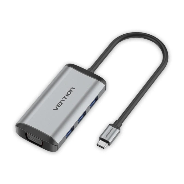 Vention Estacion de Docking 5 en 1 - Cable USB-C de 15cm Integrado - HDMI 4K - USB-C - 3xUSB-A - VGA - Power Delivery - Color Gris
