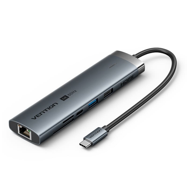 Vention Estacion de Docking 8 en 1 - 100W - Cable USB-C de 15cm Integrado - Ethernet RJ45 - HDMI 4K - 2xUSB-C - Tarjeta TF - SD - 2xUSB-A - Power Delivery - Color Gris