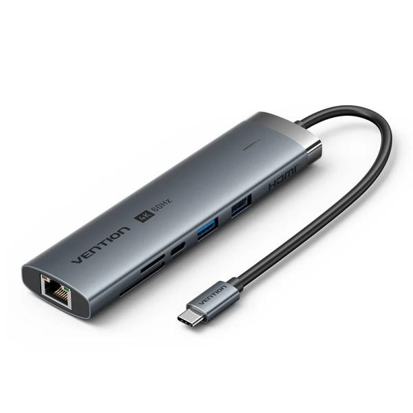 Vention Estacion de Docking 9 en 1 - Cable USB-C de 15cm Integrado - Ethernet RJ45 - HDMI 4K - 2xUSB-C - Tarjeta TF - SD - 2xUSB-A - Jack 3.5mm - Power Delivery - Color Gris